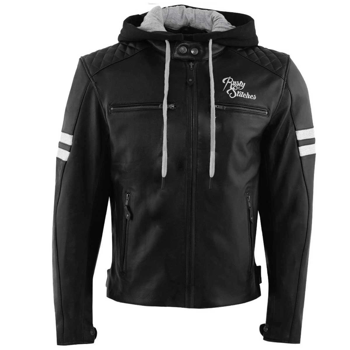Rusty Stitches Super Jari Hooded V2 Lederjacke, Schwarz-weiß