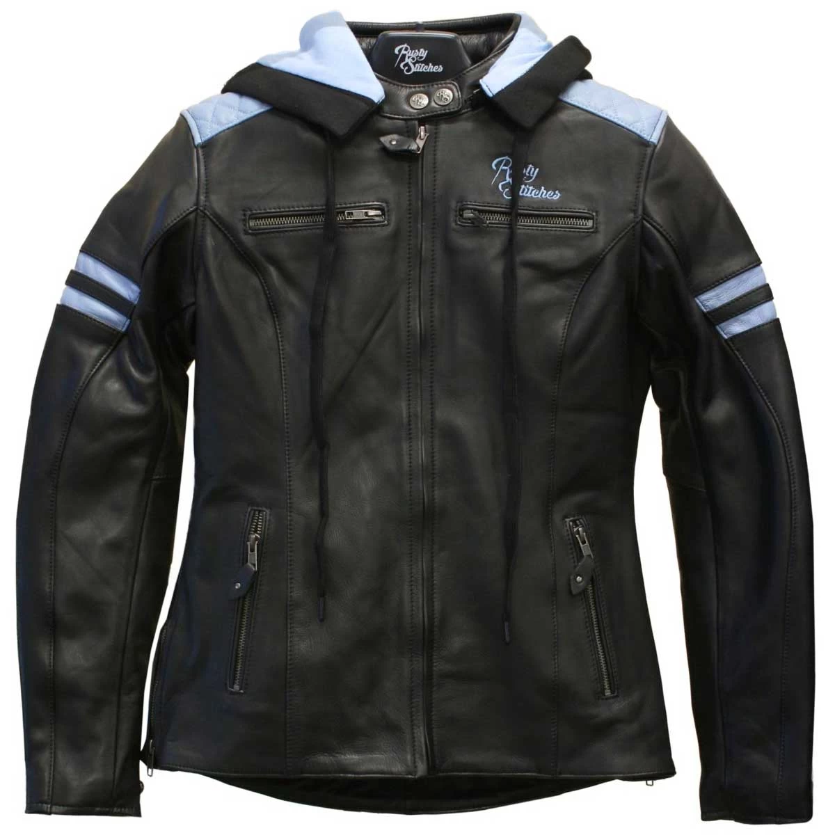 Rusty Stitches Joyce Hooded V2 Damen Lederjacke, Schwarz-babyblau