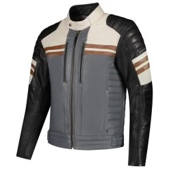 Rusty Stitches Steve Lederjacke, Schwarz-beige-grau-braun