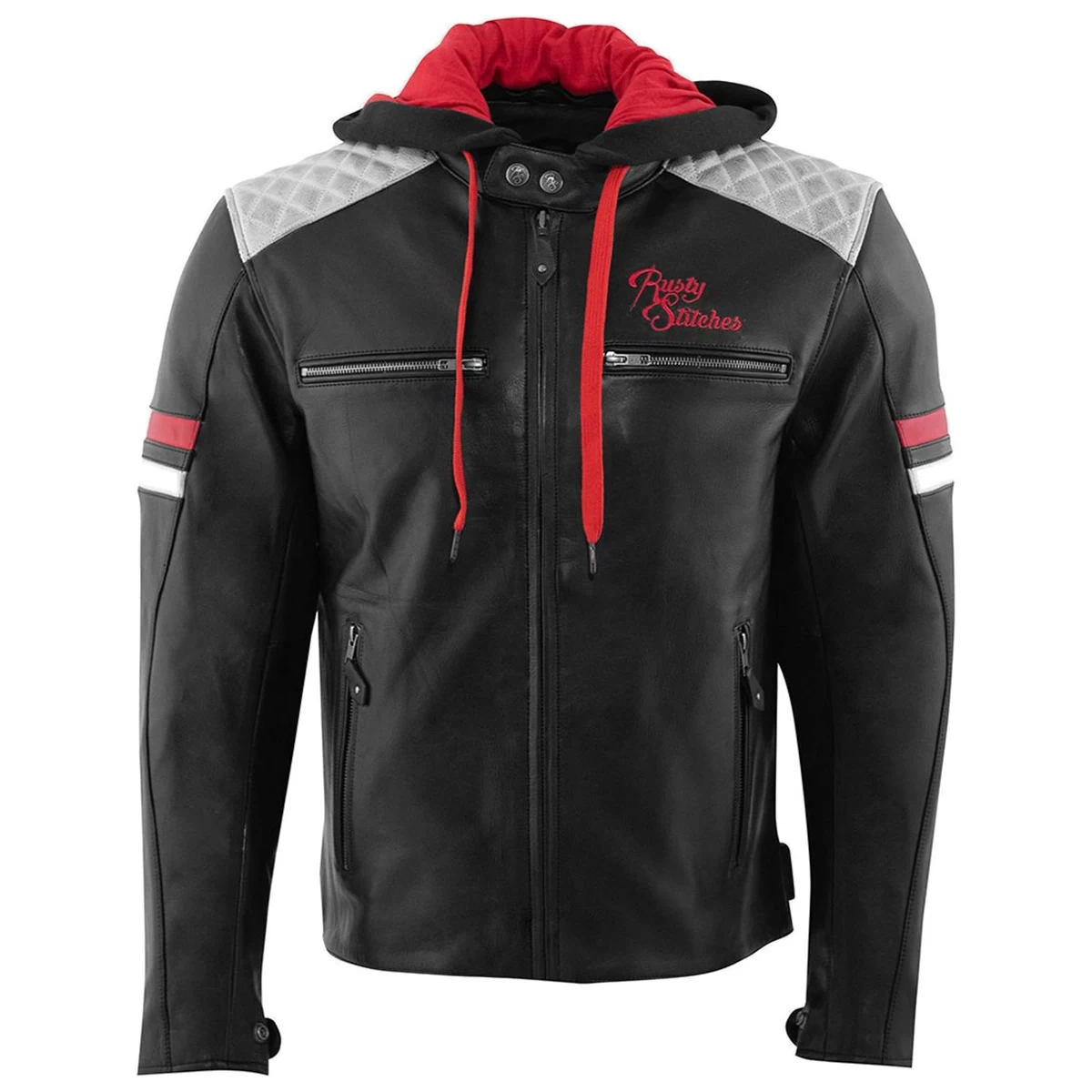 Rusty Stitches Lederjacke Jari Hooded V2, Schwarz-grau-rot